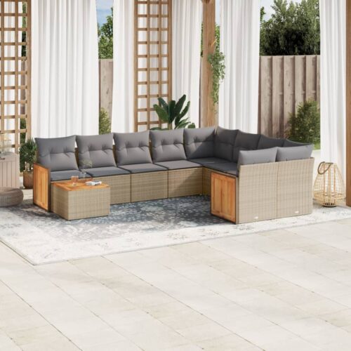 10-Piece Garden Sofa Set with Cushions Beige Poly Rattan Wicker Outdoor Patio Furniture - Image 2