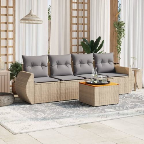 5-Piece Garden Sofa Set with Cushions Beige Poly Rattan Wicker Outdoor Patio Furniture - Image 2