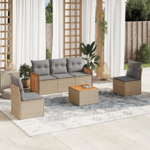 6-Piece Garden Sofa Set with Cushions Beige Poly Rattan Wicker Outdoor Patio Furniture - Image 2