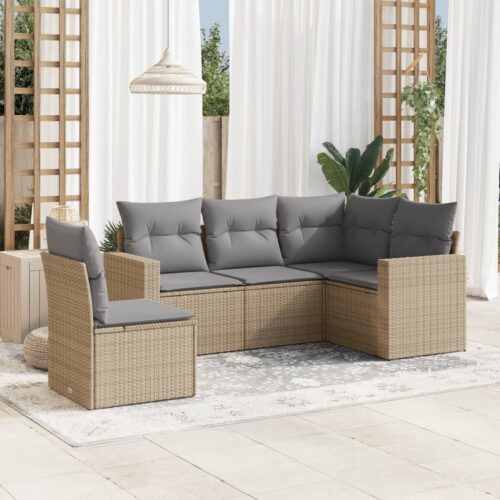 5-Piece Garden Sofa Set with Cushions Beige Poly Rattan Wicker Outdoor Patio Furniture - Image 2