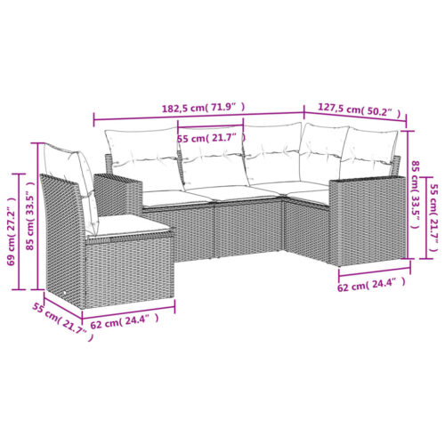 5-Piece Garden Sofa Set with Cushions Beige Poly Rattan Wicker Outdoor Patio Furniture - Image 3