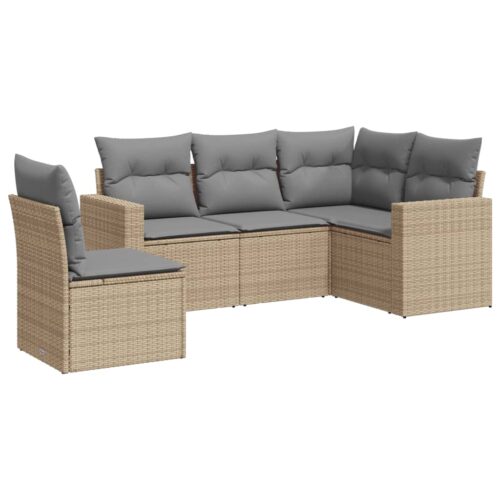 5-Piece Garden Sofa Set with Cushions Beige Poly Rattan Wicker Outdoor Patio Furniture - Image 5