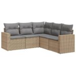 5-Piece Garden Sofa Set with Cushions Beige Poly Rattan Wicker Outdoor Patio Furniture