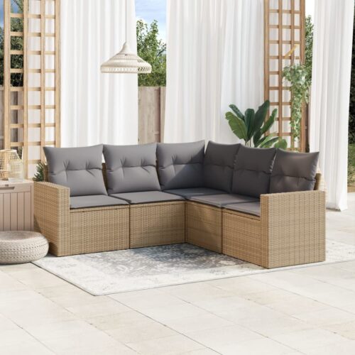 5-Piece Garden Sofa Set with Cushions Beige Poly Rattan Wicker Outdoor Patio Furniture - Image 2