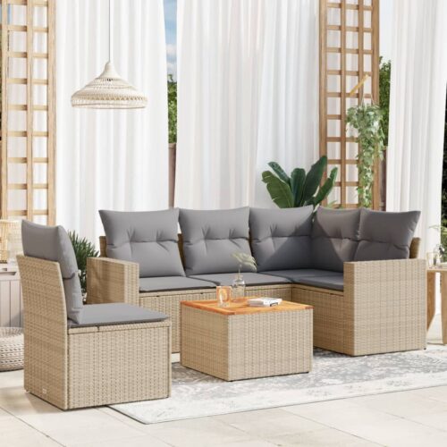 6-Piece Garden Sofa Set with Cushions Beige Poly Rattan Wicker Outdoor Patio Furniture - Image 2