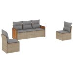 5-Piece Garden Sofa Set with Cushions Beige Poly Rattan Wicker Outdoor Patio Furniture