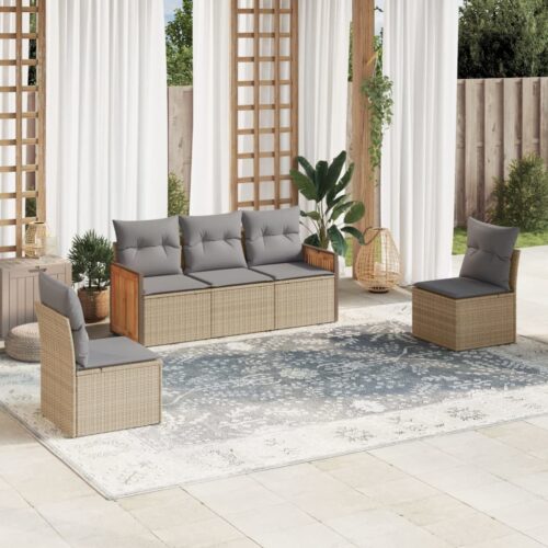 5-Piece Garden Sofa Set with Cushions Beige Poly Rattan Wicker Outdoor Patio Furniture - Image 2
