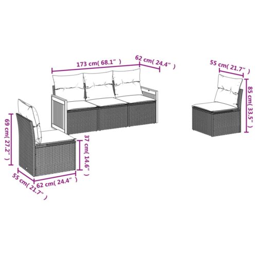 5-Piece Garden Sofa Set with Cushions Beige Poly Rattan Wicker Outdoor Patio Furniture - Image 3