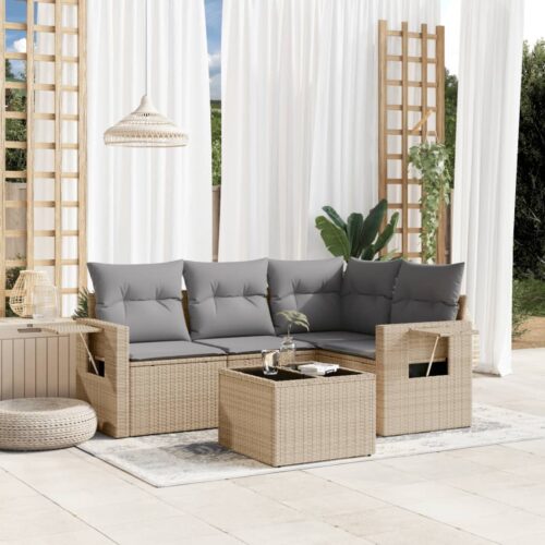 5-Piece Garden Sofa Set with Cushions Beige Poly Rattan Wicker Outdoor Patio Furniture - Image 2