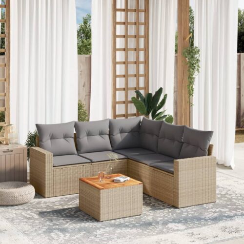 6-Piece Garden Sofa Set with Cushions Beige Poly Rattan Wicker Outdoor Patio Furniture - Image 2
