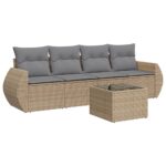 5-Piece Garden Sofa Set with Cushions Beige Poly Rattan Wicker Outdoor Patio Furniture