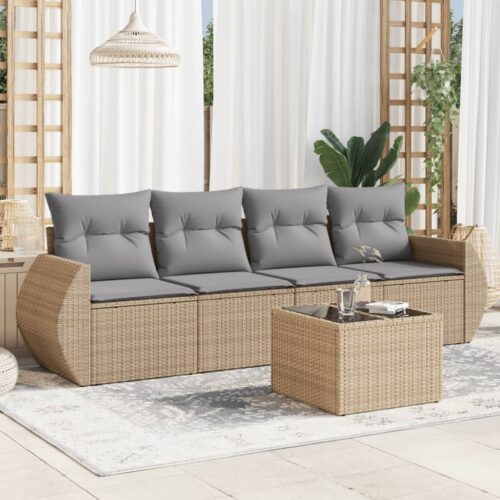5-Piece Garden Sofa Set with Cushions Beige Poly Rattan Wicker Outdoor Patio Furniture - Image 2