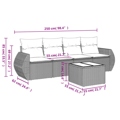 5-Piece Garden Sofa Set with Cushions Beige Poly Rattan Wicker Outdoor Patio Furniture - Image 3