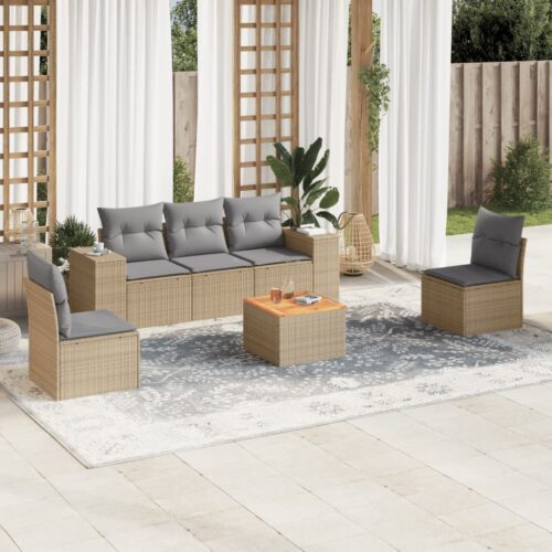 6-Piece Garden Sofa Set with Cushions Beige Poly Rattan Wicker Outdoor Patio Furniture - Image 2