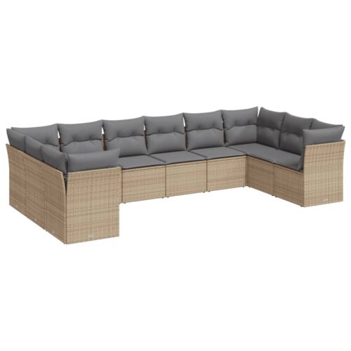 10-Piece Garden Sofa Set with Cushions Beige Poly Rattan Wicker Outdoor Patio Furniture - Image 5