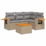 5-Piece Garden Sofa Set with Cushions Beige Poly Rattan Wicker Outdoor Patio Furniture