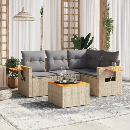 5-Piece Garden Sofa Set with Cushions Beige Poly Rattan Wicker Outdoor Patio Furniture - Image 2