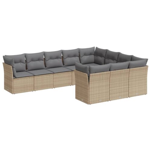 10-Piece Garden Sofa Set with Cushions Beige Poly Rattan Wicker Outdoor Patio Furniture
