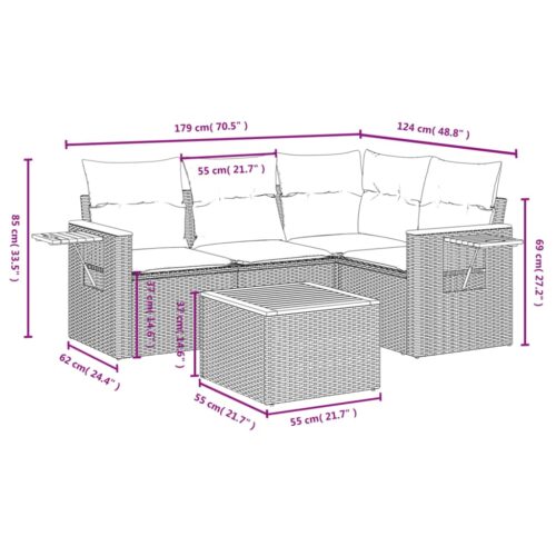 5-Piece Garden Sofa Set with Cushions Beige Poly Rattan Wicker Outdoor Patio Furniture - Image 3