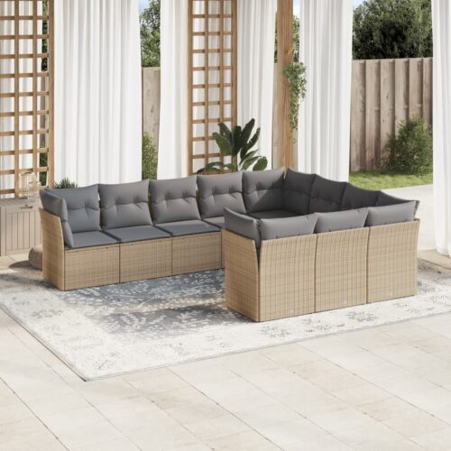 10-Piece Garden Sofa Set with Cushions Beige Poly Rattan Wicker Outdoor Patio Furniture - Image 2