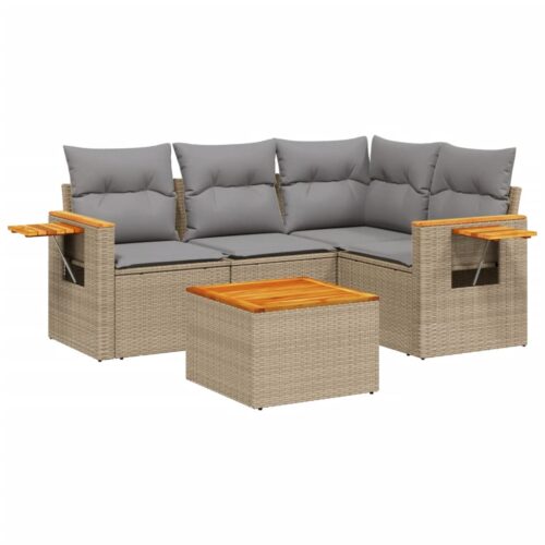 5-Piece Garden Sofa Set with Cushions Beige Poly Rattan Wicker Outdoor Patio Furniture - Image 5