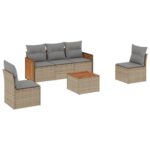 6-Piece Garden Sofa Set with Cushions Beige Poly Rattan Wicker Outdoor Patio Furniture