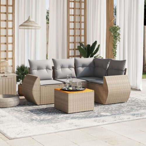 5-Piece Garden Sofa Set with Cushions Beige Poly Rattan Wicker Outdoor Patio Furniture - Image 2