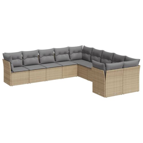 10-Piece Garden Sofa Set with Cushions Beige Poly Rattan Wicker Outdoor Patio Furniture