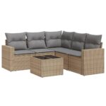 6-Piece Garden Sofa Set with Cushions Beige Poly Rattan Wicker Outdoor Patio Furniture