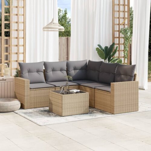 6-Piece Garden Sofa Set with Cushions Beige Poly Rattan Wicker Outdoor Patio Furniture - Image 2