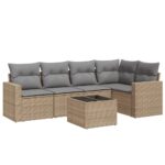 6-Piece Garden Sofa Set with Cushions Beige Poly Rattan Wicker Outdoor Patio Furniture