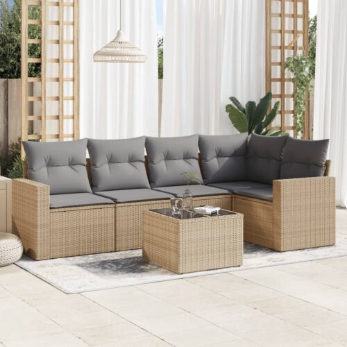 6-Piece Garden Sofa Set with Cushions Beige Poly Rattan Wicker Outdoor Patio Furniture - Image 2