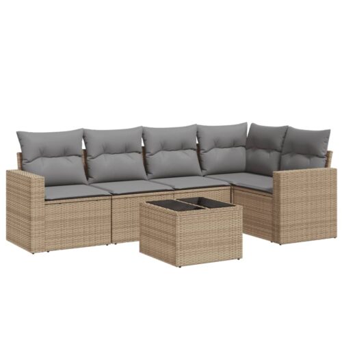 6-Piece Garden Sofa Set with Cushions Beige Poly Rattan Wicker Outdoor Patio Furniture - Image 5