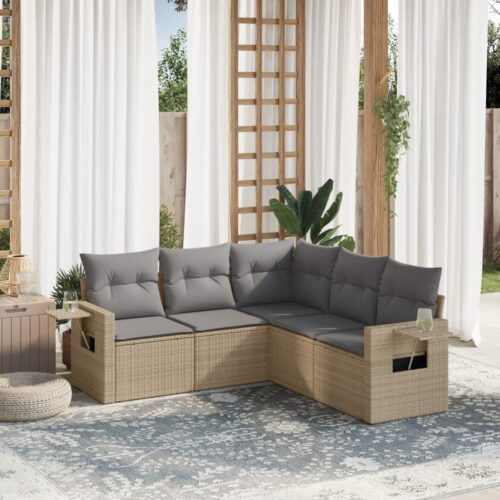 5-Piece Garden Sofa Set with Cushions Beige Poly Rattan Wicker Outdoor Patio Furniture - Image 2