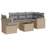 6-Piece Garden Sofa Set with Cushions Beige Poly Rattan Wicker Outdoor Patio Furniture