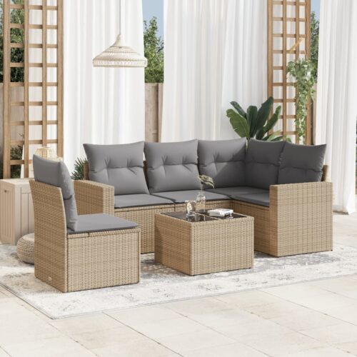 6-Piece Garden Sofa Set with Cushions Beige Poly Rattan Wicker Outdoor Patio Furniture - Image 2