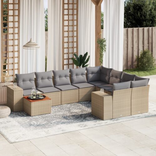 10-Piece Garden Sofa Set with Cushions Beige Poly Rattan Wicker Outdoor Patio Furniture - Image 2