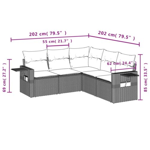 5-Piece Garden Sofa Set with Cushions Beige Poly Rattan Wicker Outdoor Patio Furniture - Image 8