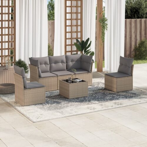 6-Piece Garden Sofa Set with Cushions Beige Poly Rattan Wicker Outdoor Patio Furniture - Image 2