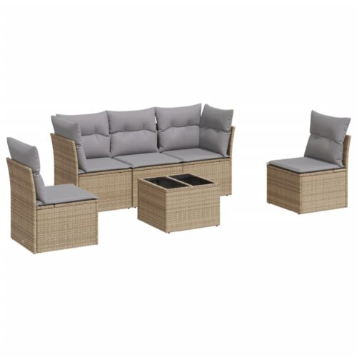 6-Piece Garden Sofa Set with Cushions Beige Poly Rattan Wicker Outdoor Patio Furniture - Image 5