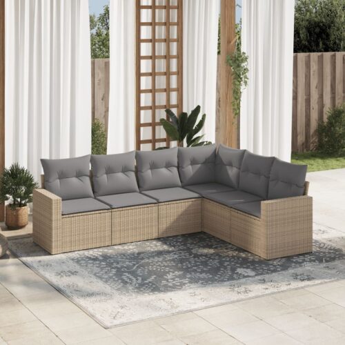 6-Piece Garden Sofa Set with Cushions Beige Poly Rattan Wicker Outdoor Patio Furniture - Image 2