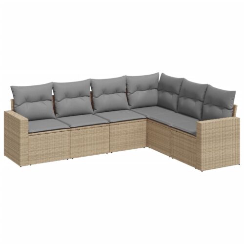 6-Piece Garden Sofa Set with Cushions Beige Poly Rattan Wicker Outdoor Patio Furniture - Image 5