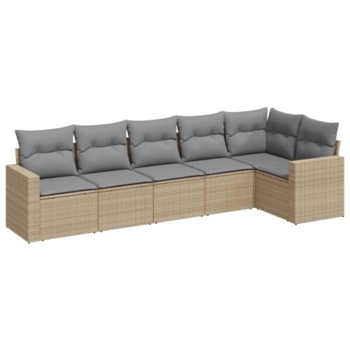 6-Piece Garden Sofa Set with Cushions Beige Poly Rattan Wicker Outdoor Patio Furniture