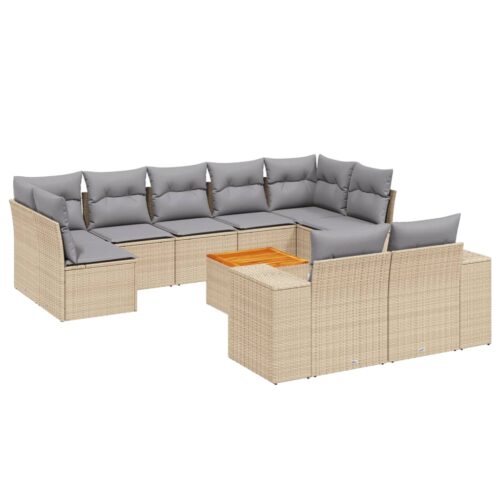 10-Piece Garden Sofa Set with Cushions Beige Poly Rattan Wicker Outdoor Patio Furniture