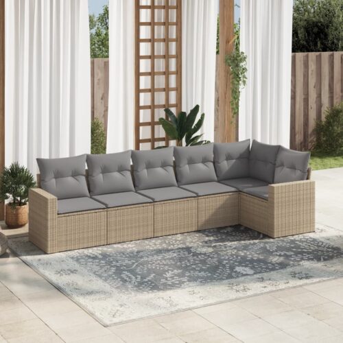 6-Piece Garden Sofa Set with Cushions Beige Poly Rattan Wicker Outdoor Patio Furniture - Image 2