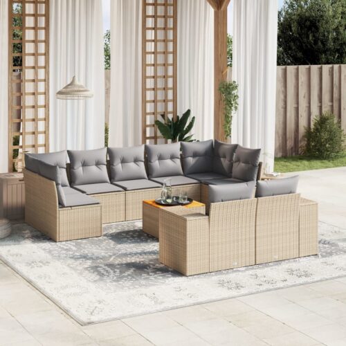 10-Piece Garden Sofa Set with Cushions Beige Poly Rattan Wicker Outdoor Patio Furniture - Image 2