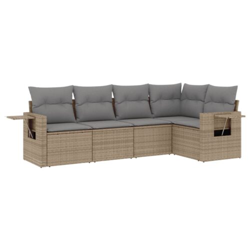 5-Piece Garden Sofa Set with Cushions Beige Poly Rattan Wicker Outdoor Patio Furniture
