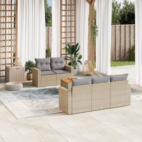 6-Piece Garden Sofa Set with Cushions Beige Poly Rattan Wicker Outdoor Patio Furniture - Image 2