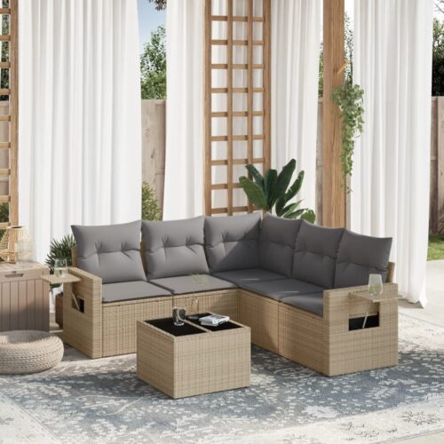 6-Piece Garden Sofa Set with Cushions Beige Poly Rattan Wicker Outdoor Patio Furniture - Image 2