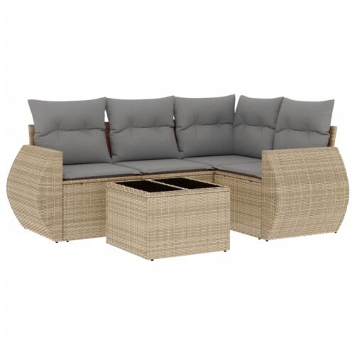 5-Piece Garden Sofa Set with Cushions Beige Poly Rattan Wicker Outdoor Patio Furniture